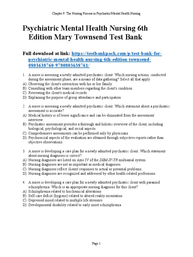 Psychiatric Mental Health Nursing 6th Edition Mary Townsend Test Bank ...