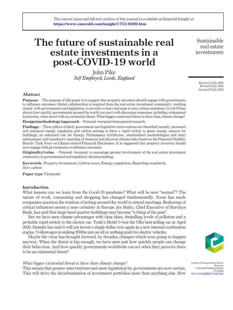 The Future of Sustainable Real Estate Investments in A post-COVID-19 ...