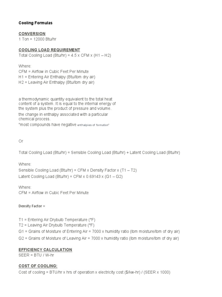 Cooling Load Calculation Formulas | PDF | Teaching Methods & Materials