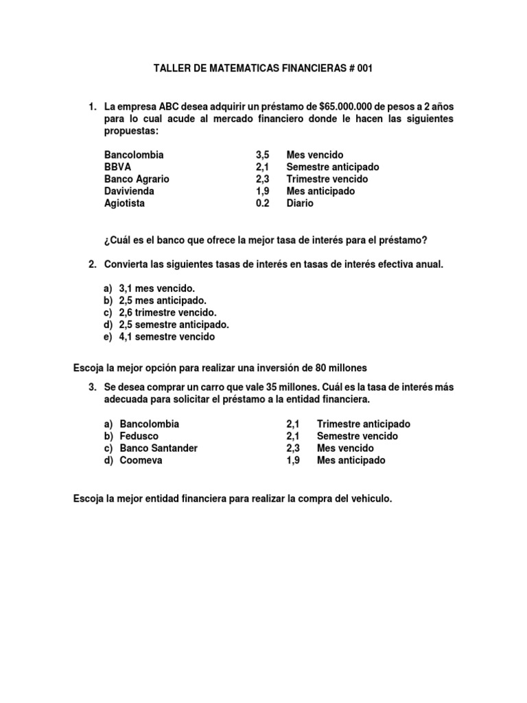 Taller de Matematicas Financieras.01 | PDF