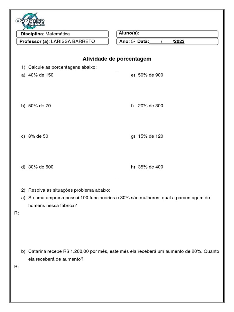 atividade-de-matematica-porcentagem-5-ano | PDF
