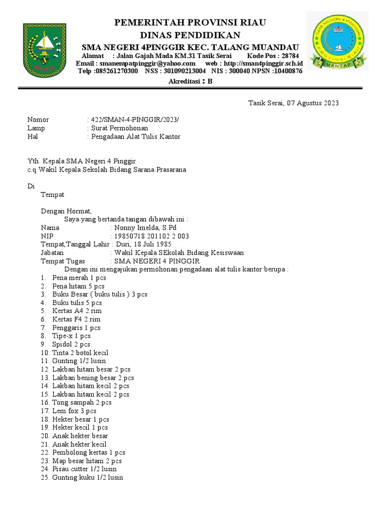 SURAT PERMOHONAN Wakil Kepala Sekolah Bidang Kesiswaan | PDF