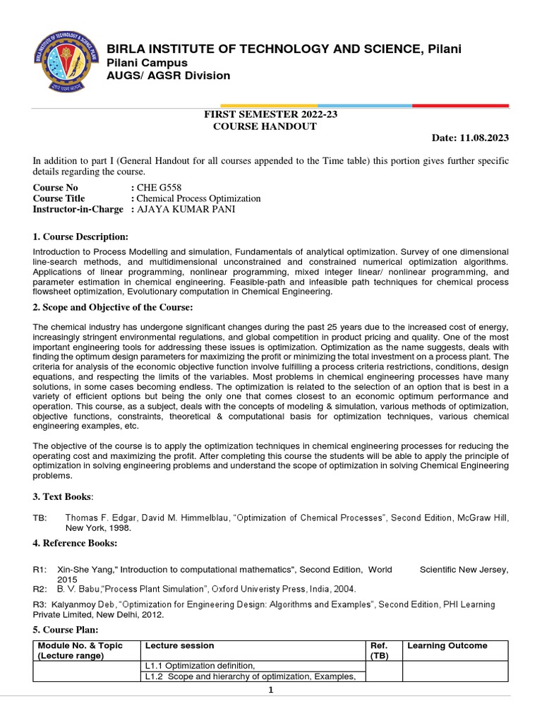 Chemical Process Optimization Course Guide | PDF | Mathematical ...