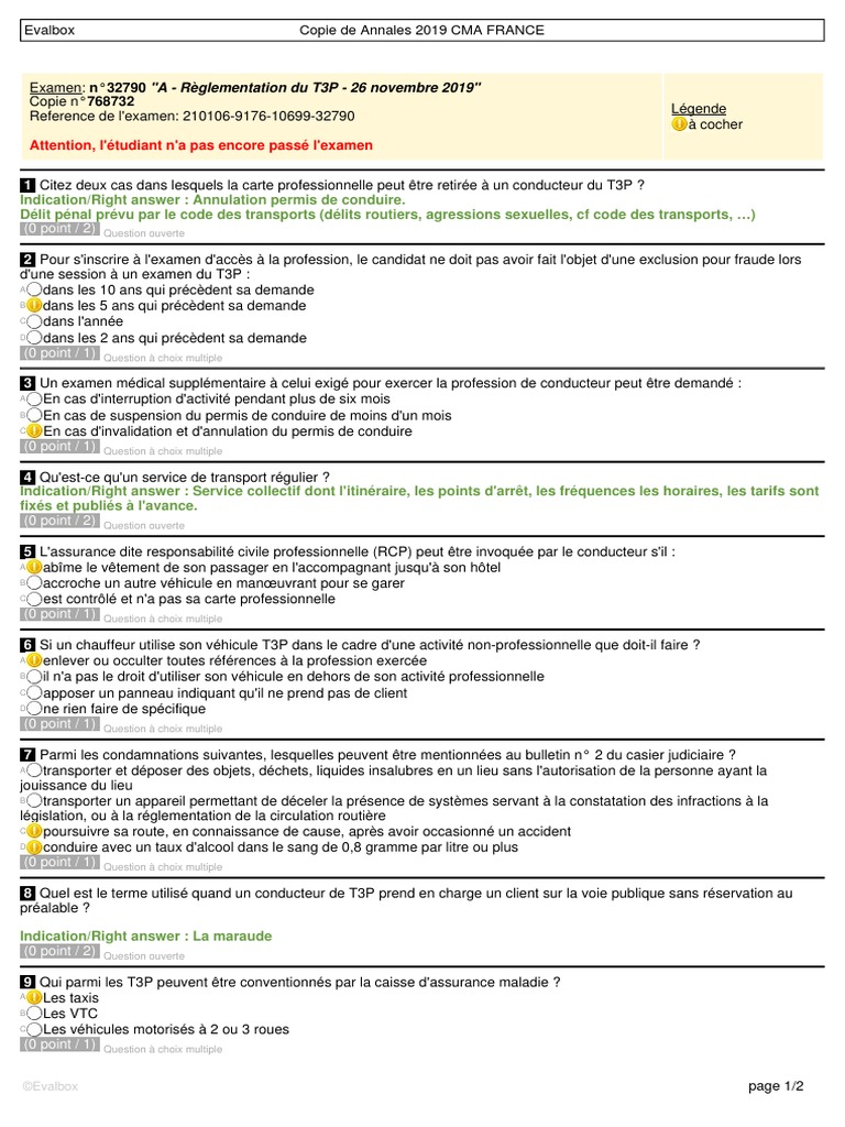 Corrigé Examen T3P 2019-2024 | PDF | Permis de conduire | Revenu brut