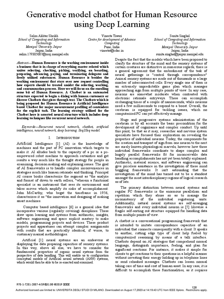 Generative Model Chatbot For Human Resource Using Deep Learning | PDF