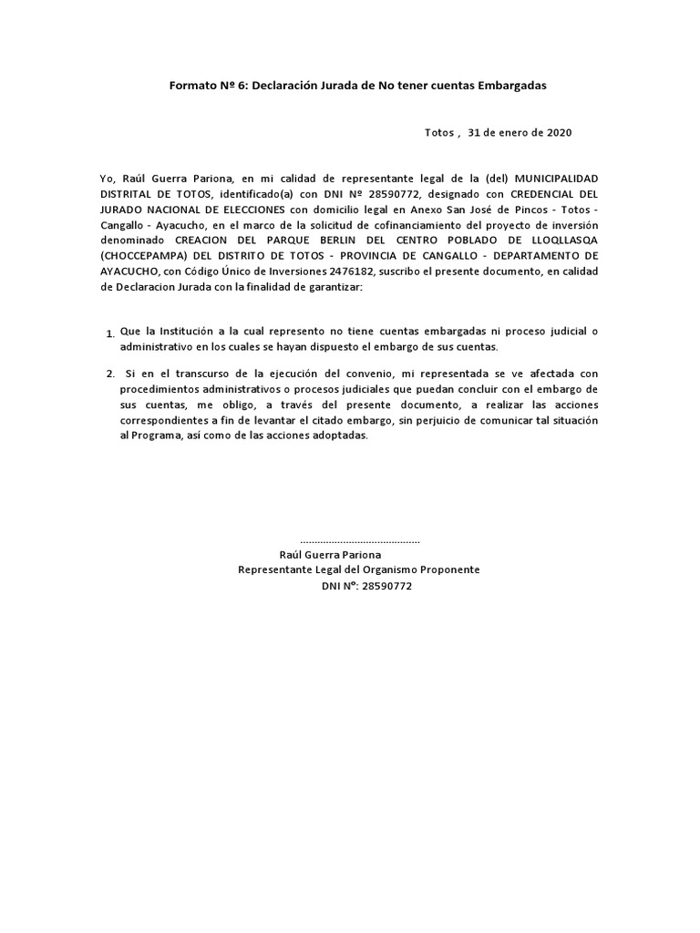 Formato #6 Declaración Jurada de No Tener Cuentas Embargadas | PDF