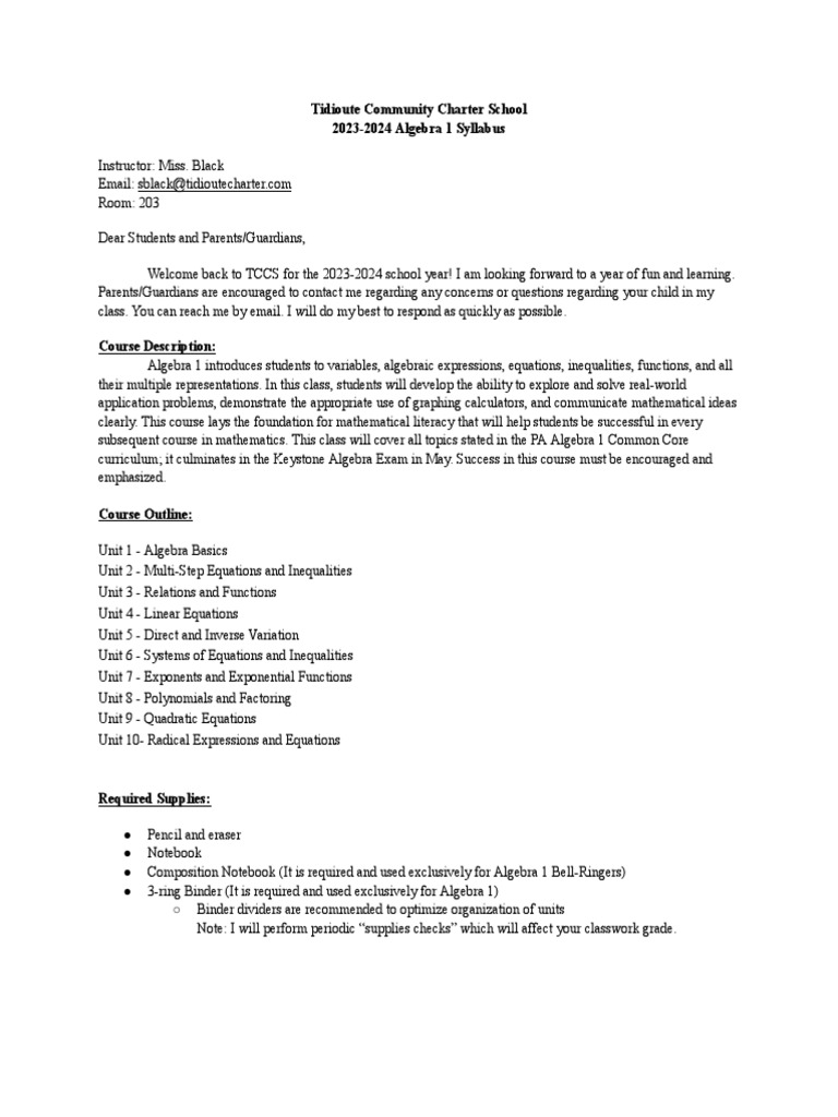 TCCS 2023-2024 Algebra 1 Syllabus | PDF | Career & Growth
