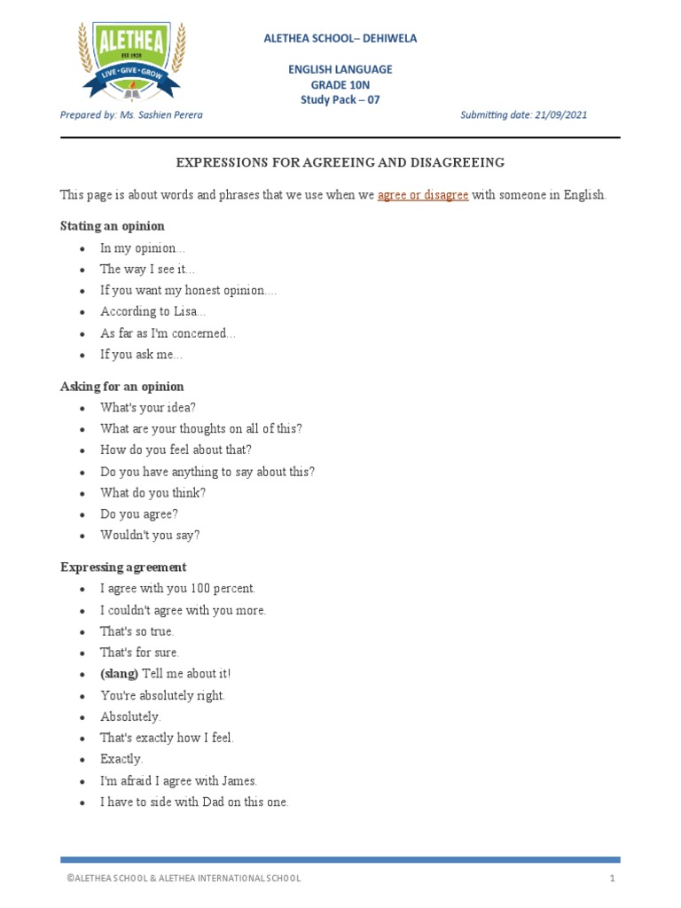 Grade 10 English: Agreeing & Disagreeing Expressions | PDF