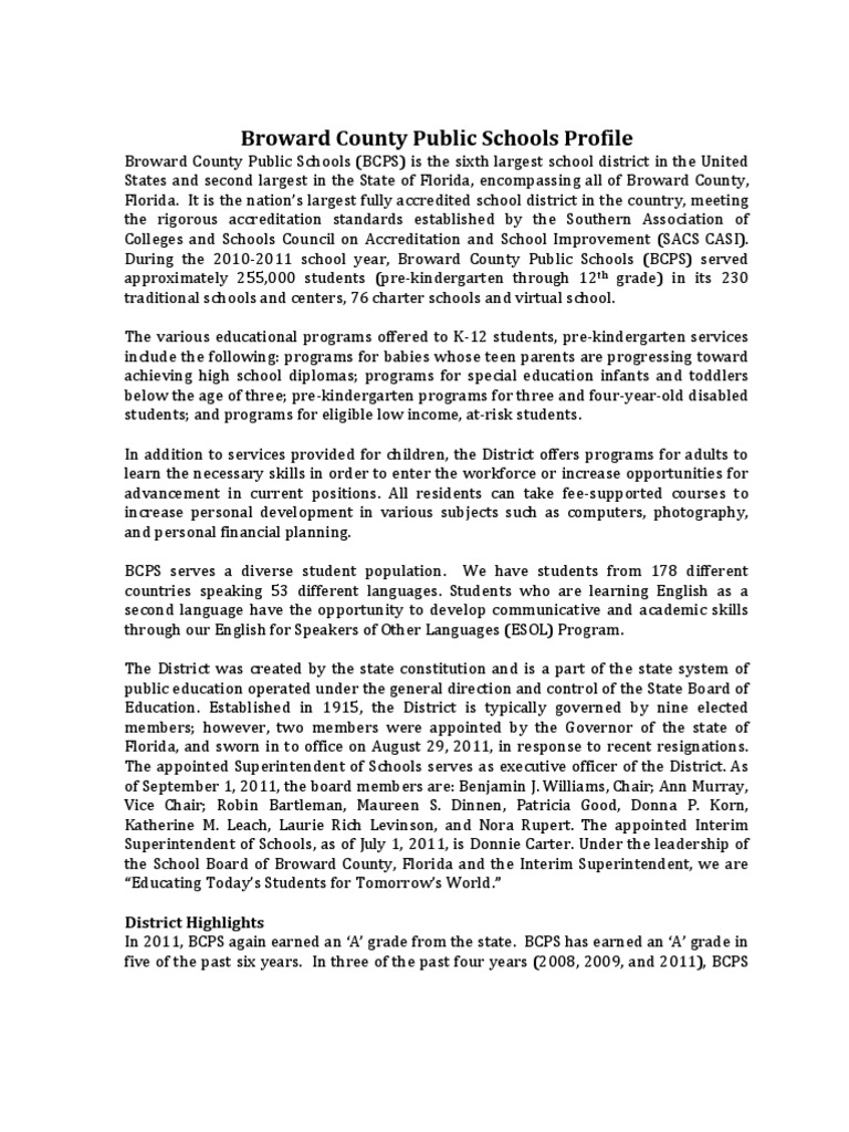 Broward County Public Schools Profile: District Highlights | PDF | No ...
