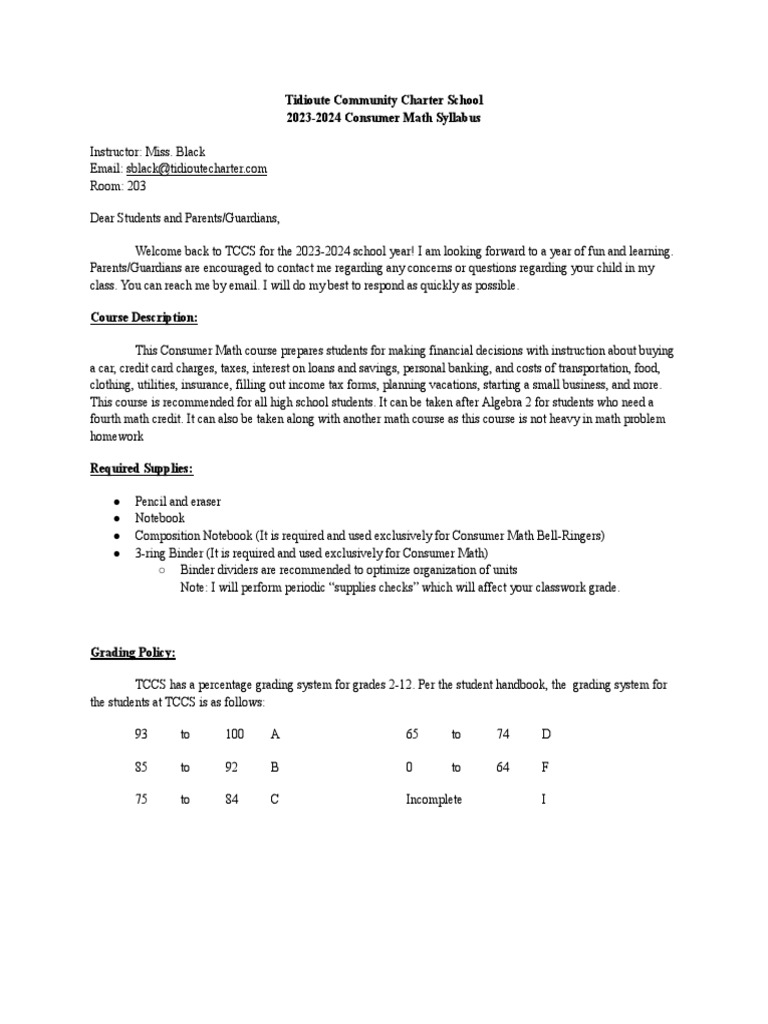 2023-2024 Consumer Math Syllabus | PDF | Quiz | Learning