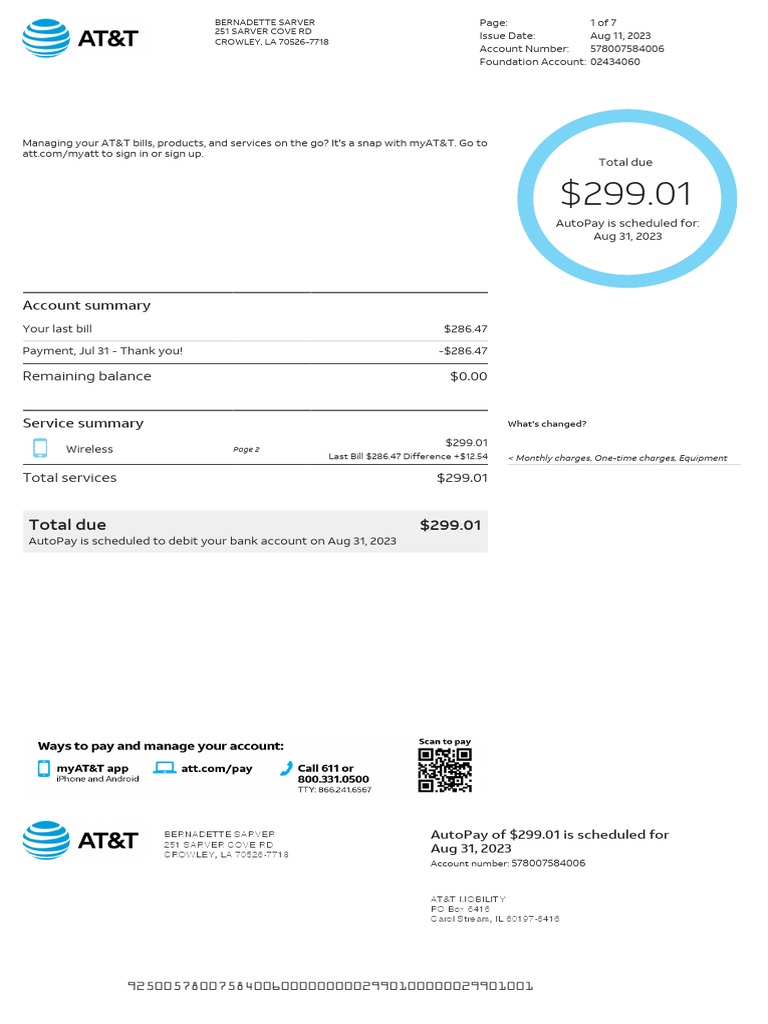 AT&T Bill Summary for Aug 2023 | PDF