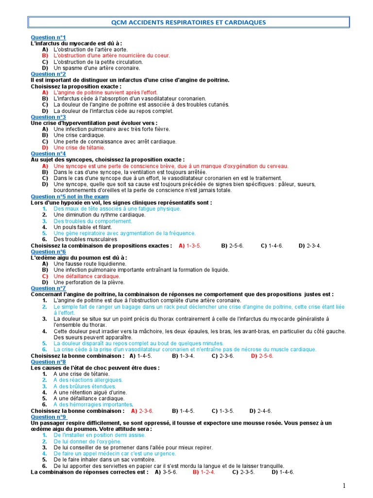 QCM sur Accidents Respiratoires et Cardiaques | PDF | Infarctus du ...