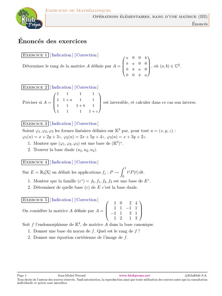 Exercices sur le Rang des Matrices | PDF
