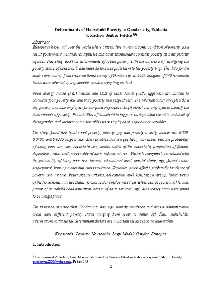 ###Determinants of Household Poverty in Gondar City Eea | PDF