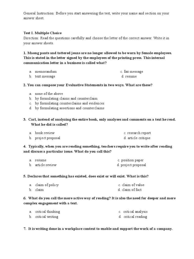 Reading and Writing Final Exam | PDF
