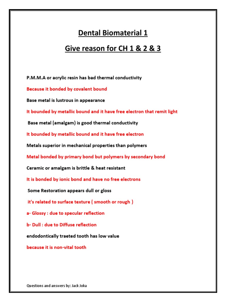 Give Reason Dental Biomaterial PDF