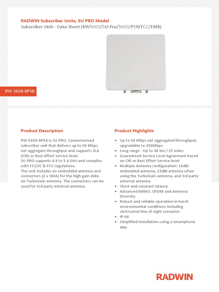 Subscriber Unit - Data Sheet (RW5000/SU-Pro/5650/F58/FCC/EMB) | PDF