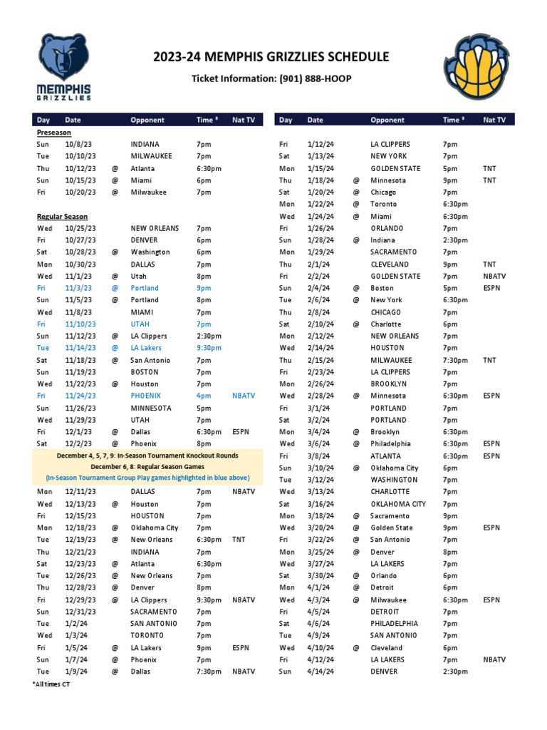 202324 Memphis Grizzlies Schedule PDF Los Angeles Lakers