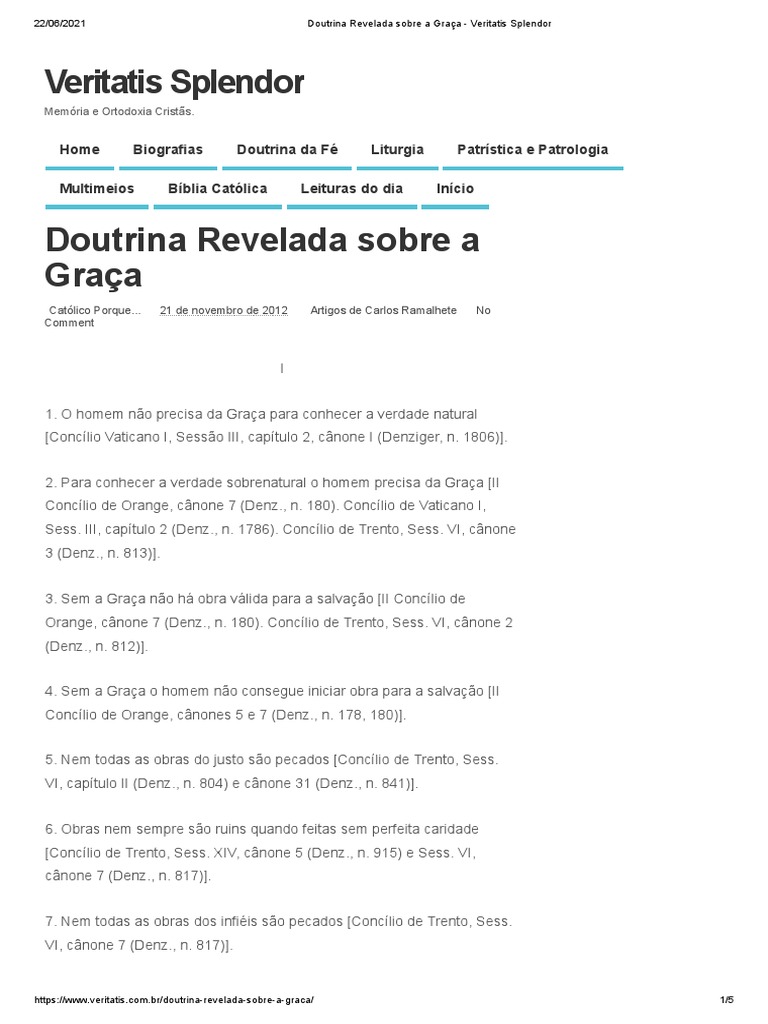Doutrina Revelada Sobre A Graça - Veritatis Splendor | PDF