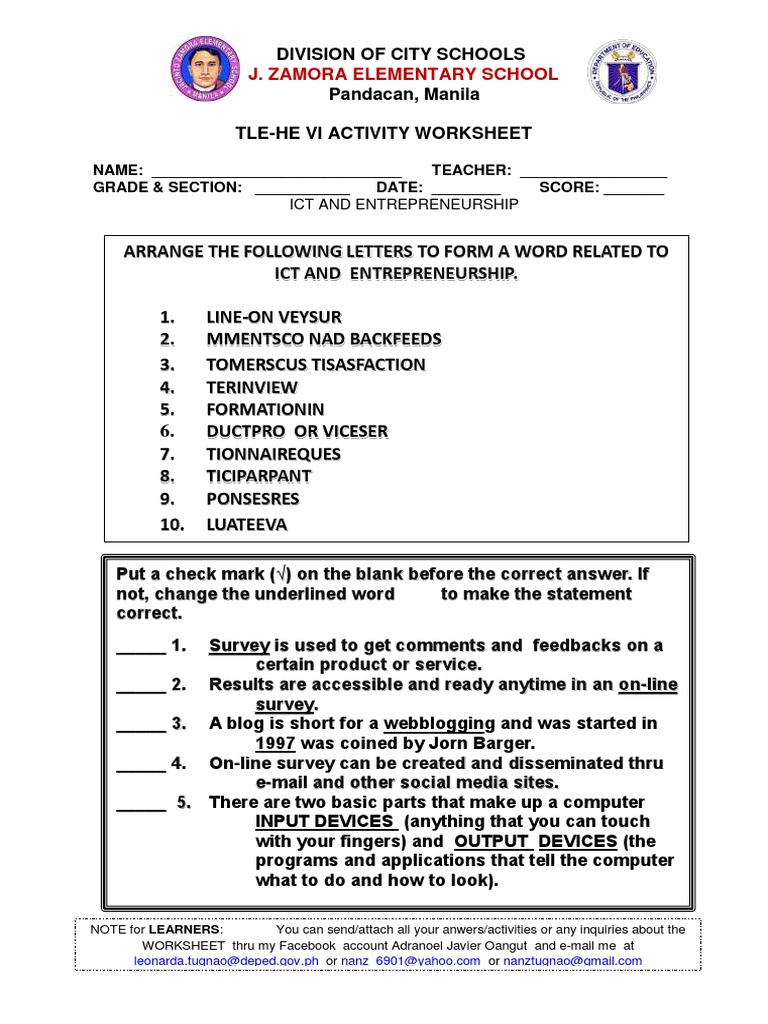 TLE-HE Activity Worksheet: ICT & Entrepreneurship | PDF | Career ...