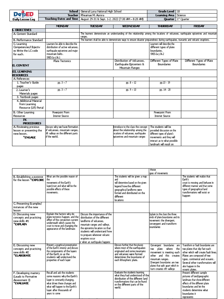 Grade 10 Science Lesson on Plate Tectonics | PDF