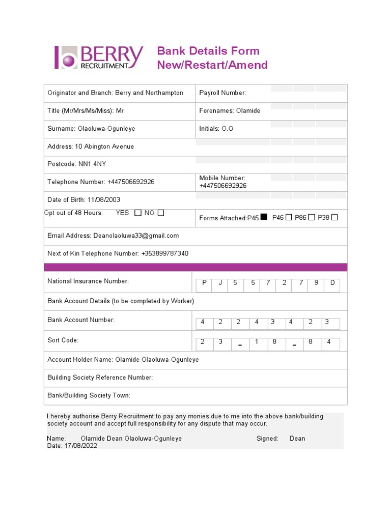 Bank Details Form 2013 PDF