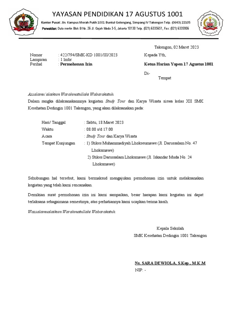 Surat Permohonan izin karya wisata | PDF