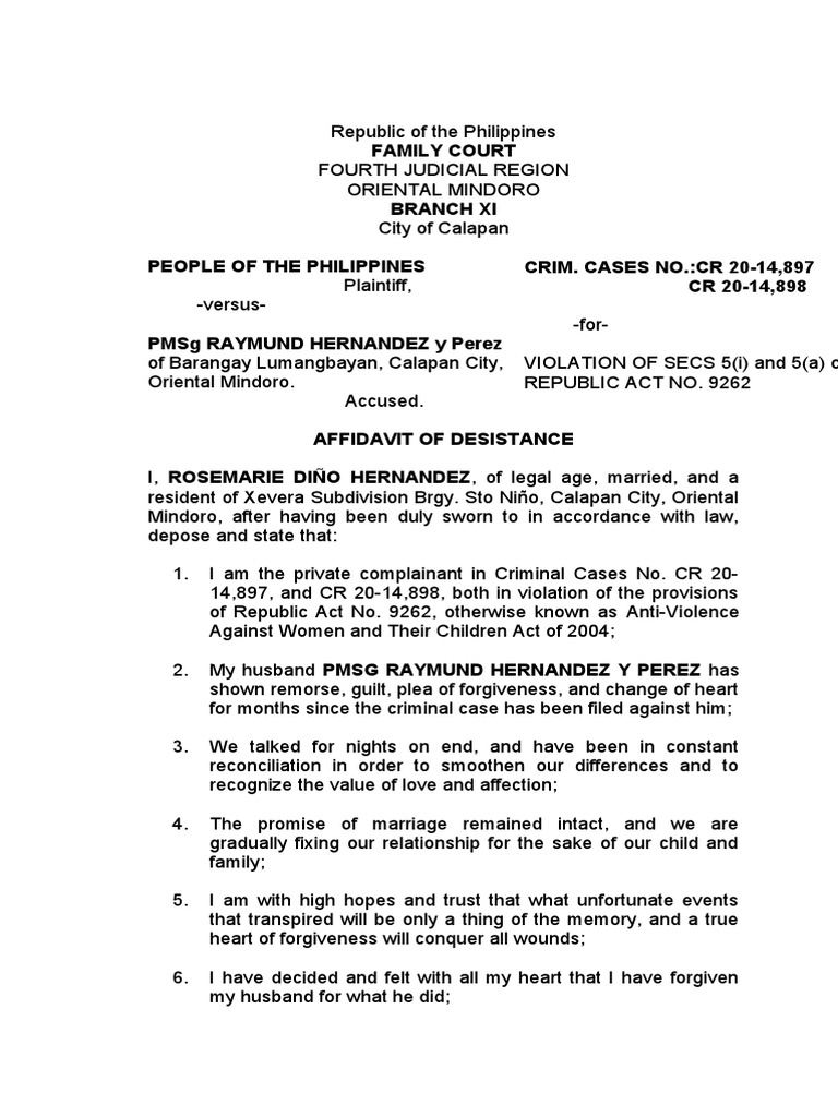 Affidavit of Desistance VAWC | PDF