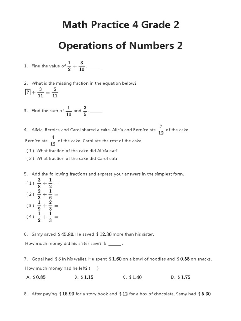 Grade 2 Math Practice: Fractions & Operations | PDF