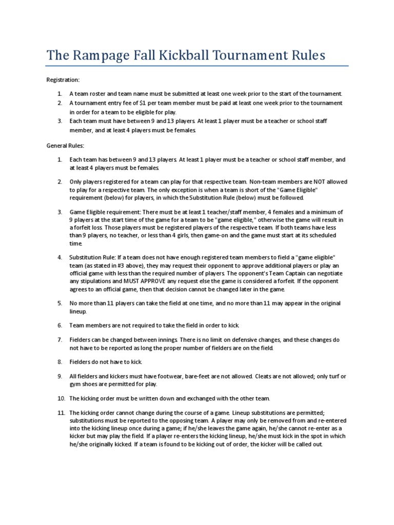 The Rampage Fall Kickball Tournament Rules | PDF | Baseball Field | Run ...