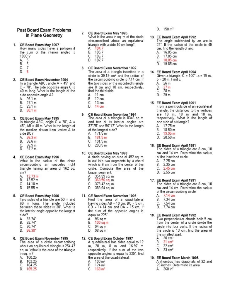 Past Board Exam Plane Geometry Problems | PDF