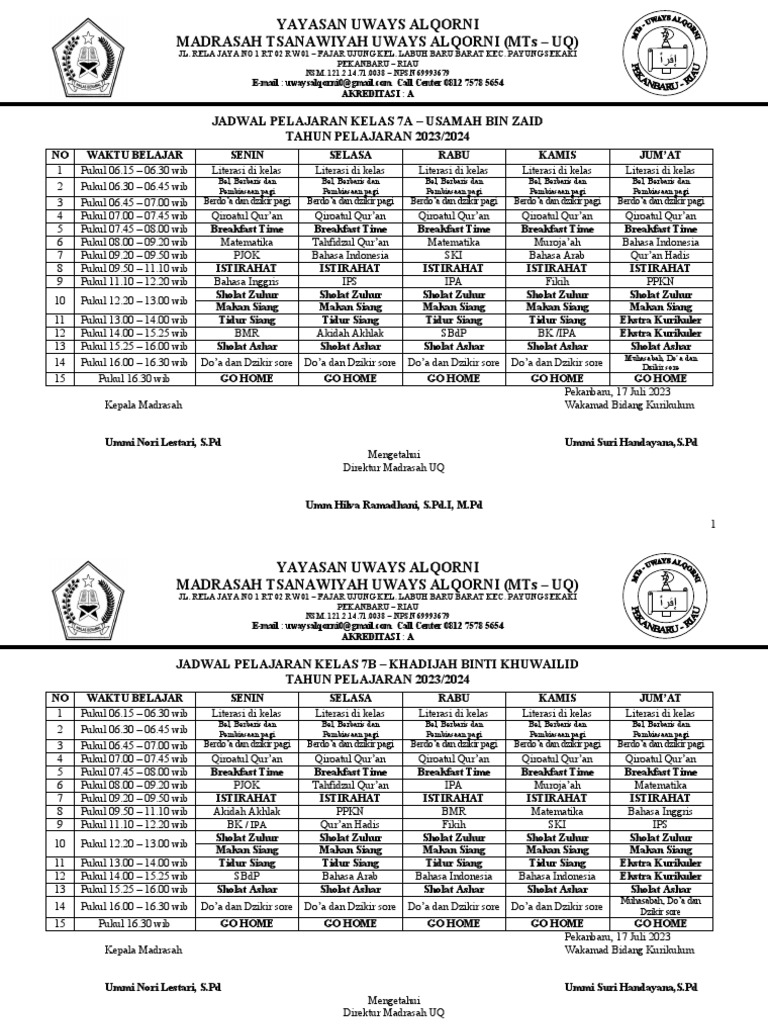 Jadwal Pelajaran 2023-2024 Mts | PDF