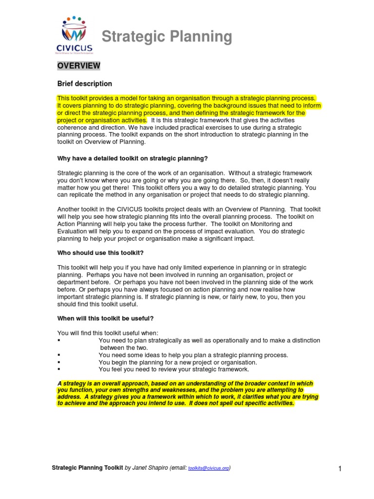 Strategic Planning Toolkit Overview | PDF | Business