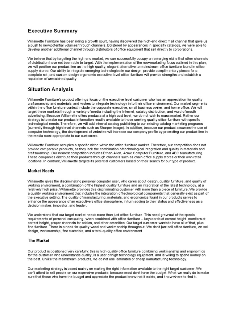 Office Furniture Maker Marketing Plan Retail Sales