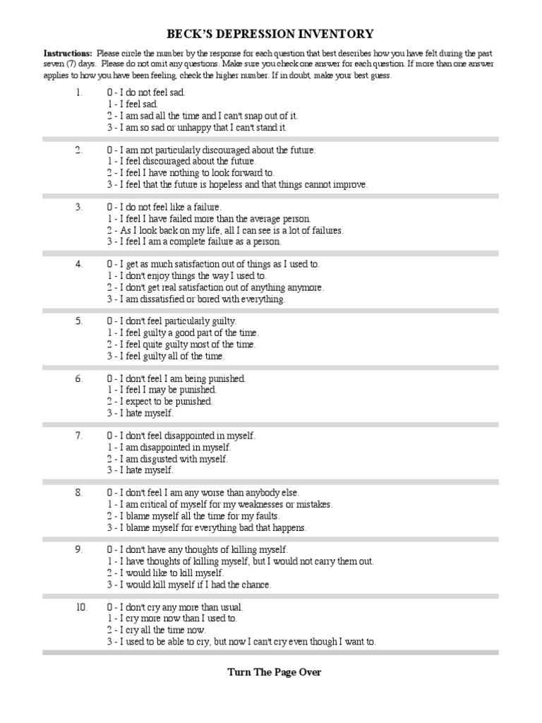 Beck Depression Inventory Instructions | PDF