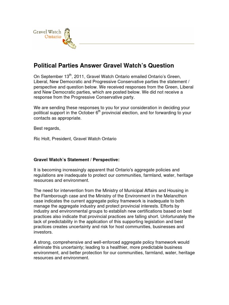 Answers From Political Parties | PDF | Ontario | Construction Aggregate