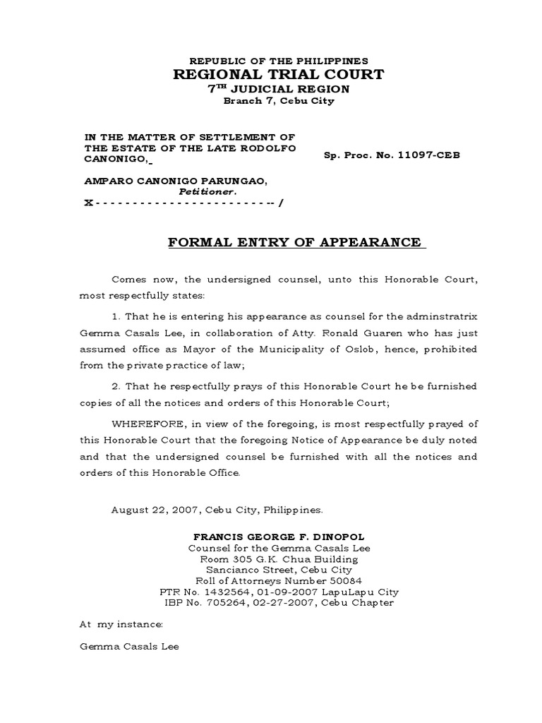 Entry of appearance ni gemma lee pdf