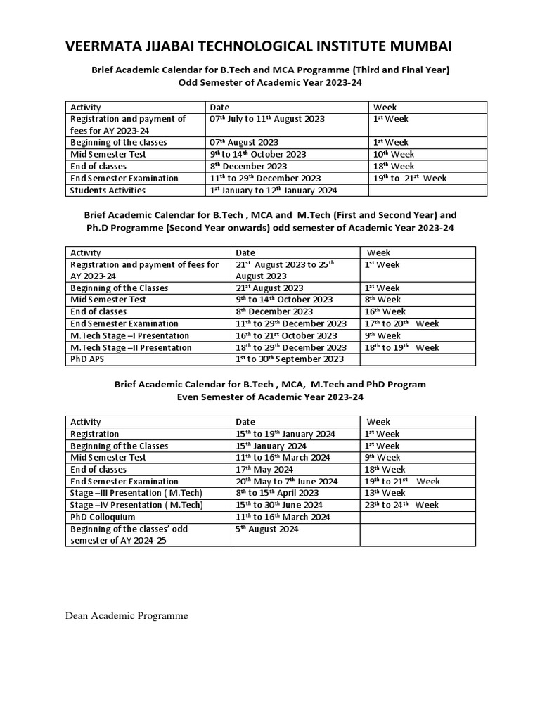 VJTI-Brief Academic Calendar For Odd and Even Semester of AY 2023-24 | PDF
