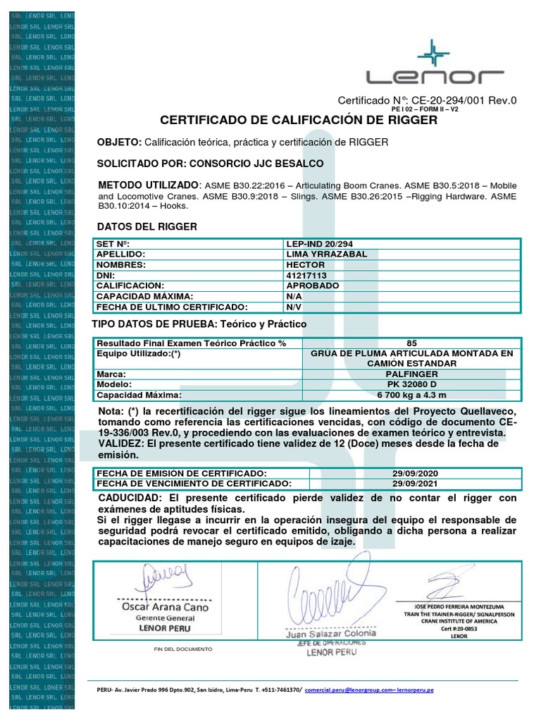 Certificado Rigger - Lima Yrrazabal Rev.0 | PDF