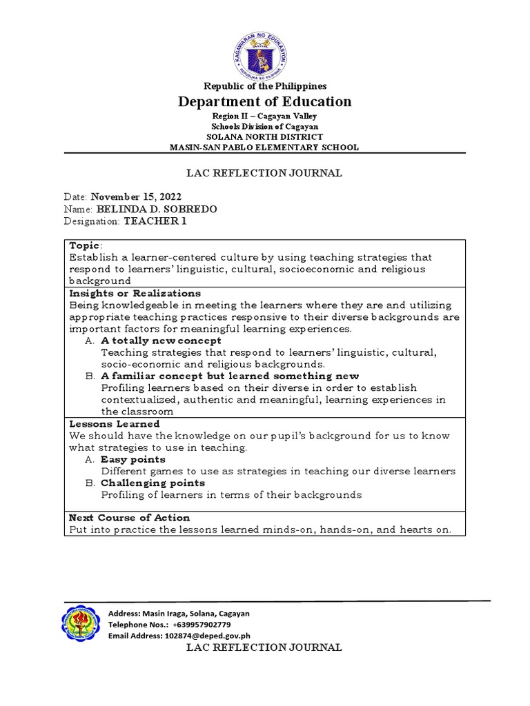 Teachers' Reflections on LAC Session | PDF