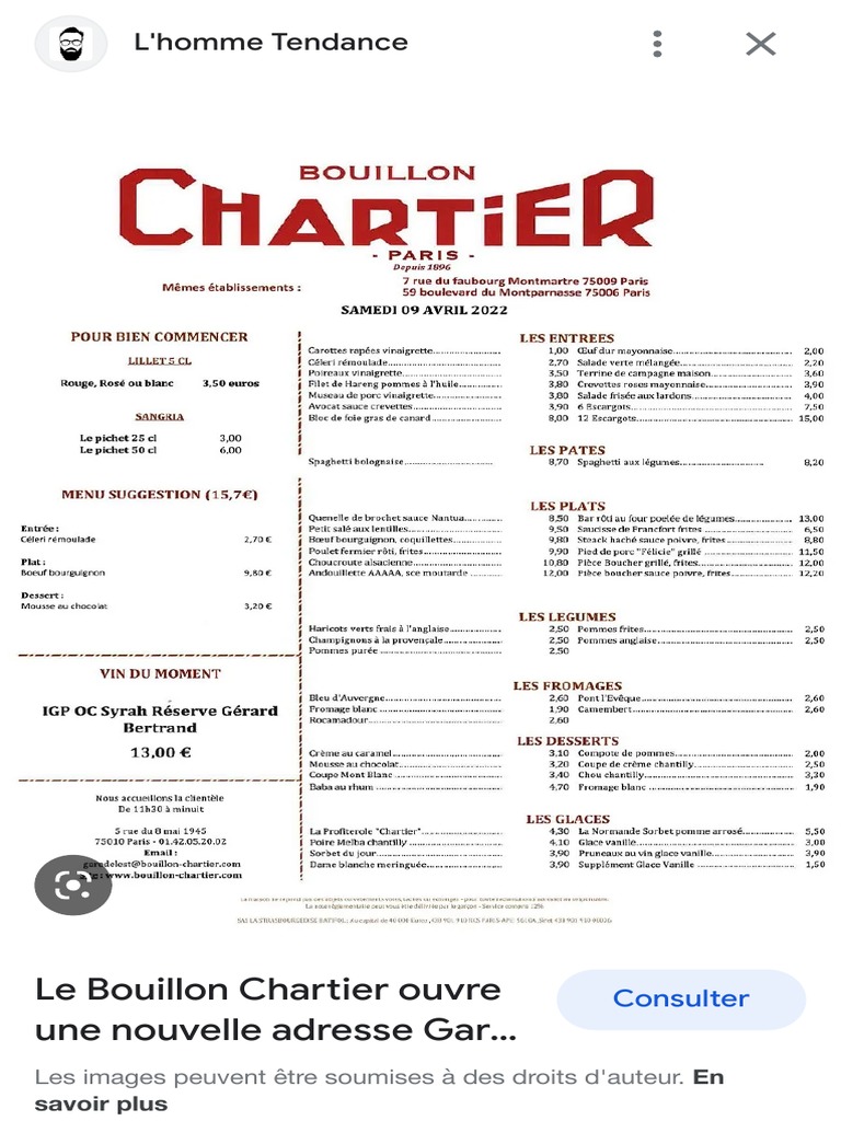 Bouillon Chartier Menu Recherche Google PDF