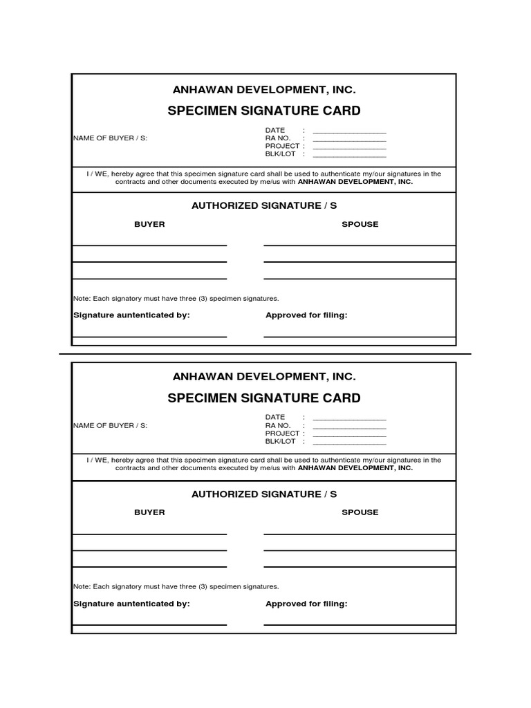 Specimen Signature Card PDF