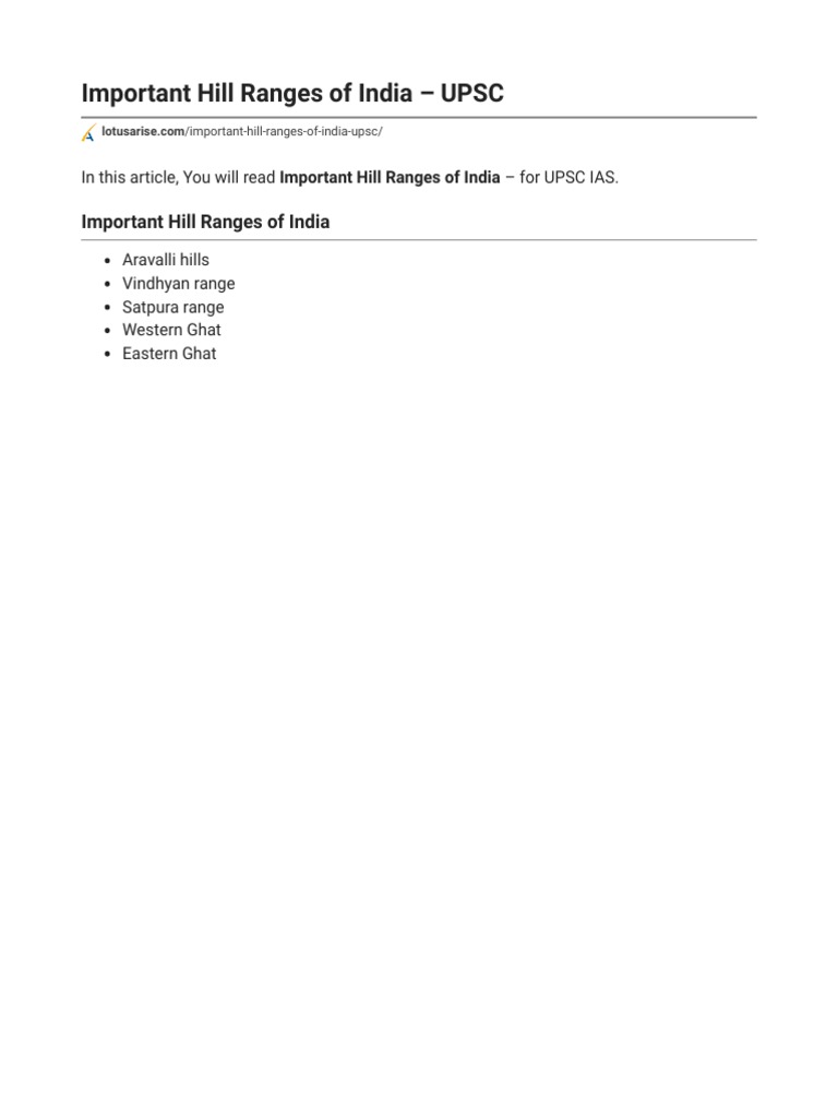 Important Hill Ranges of India UPSC PDF
