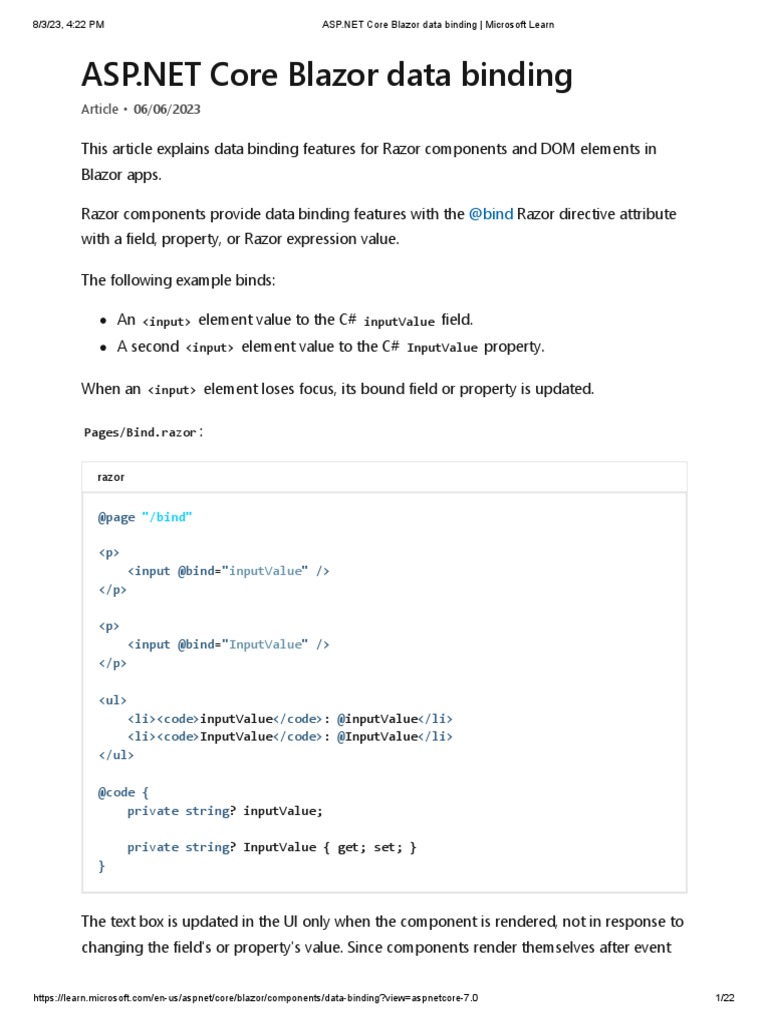 Core Blazor Data Binding _ Microsoft Learn PDF