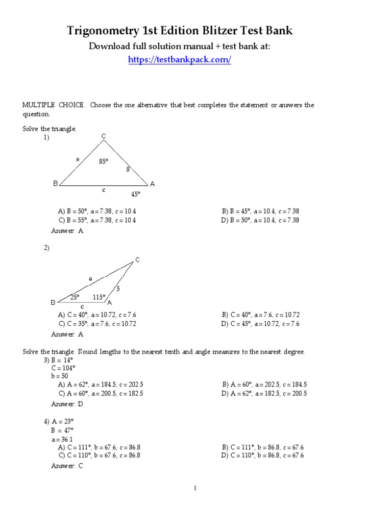 Trigonometry 1st Edition Blitzer Test Bank Download | PDF | Force ...