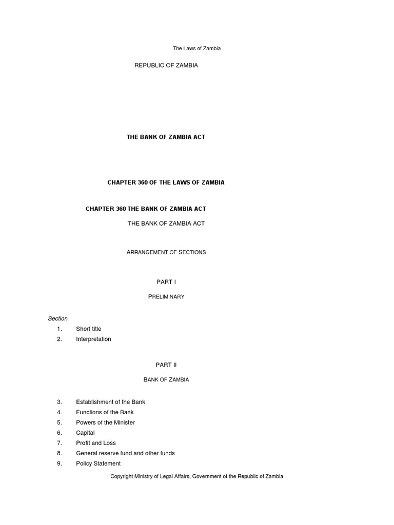 Bank of Zambia Act | PDF | Banks | Legal Tender
