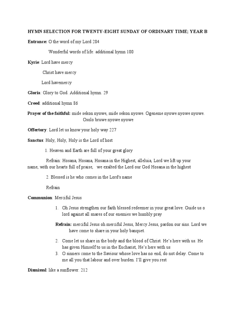 Hymn Selection For 28th Sunday PDF