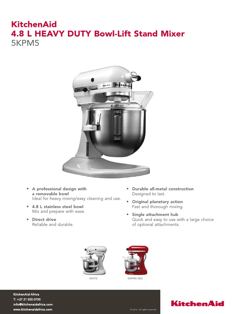 5kpm5 4.8 L Heavy Duty BowlLift Stand Mixer Specsheet 7 PDF