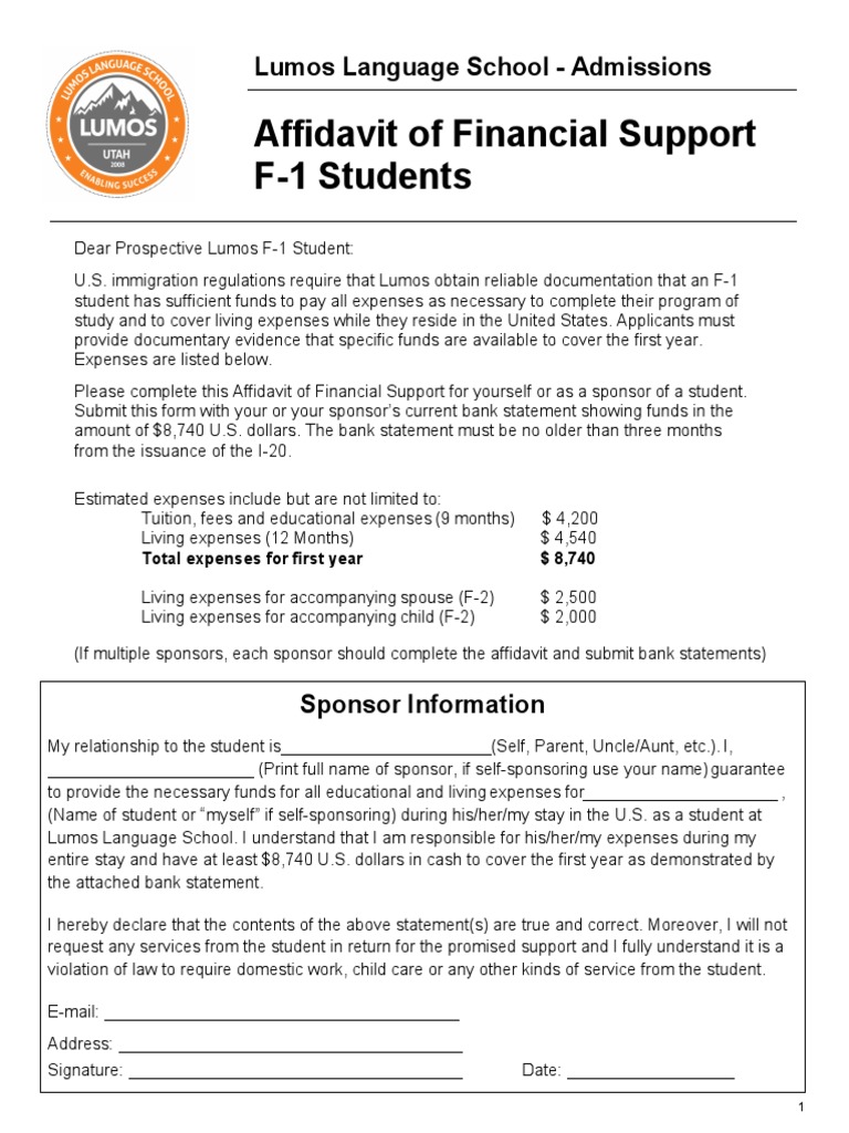 Affidavit of Financial Support for F-1 Students | PDF | Banks ...