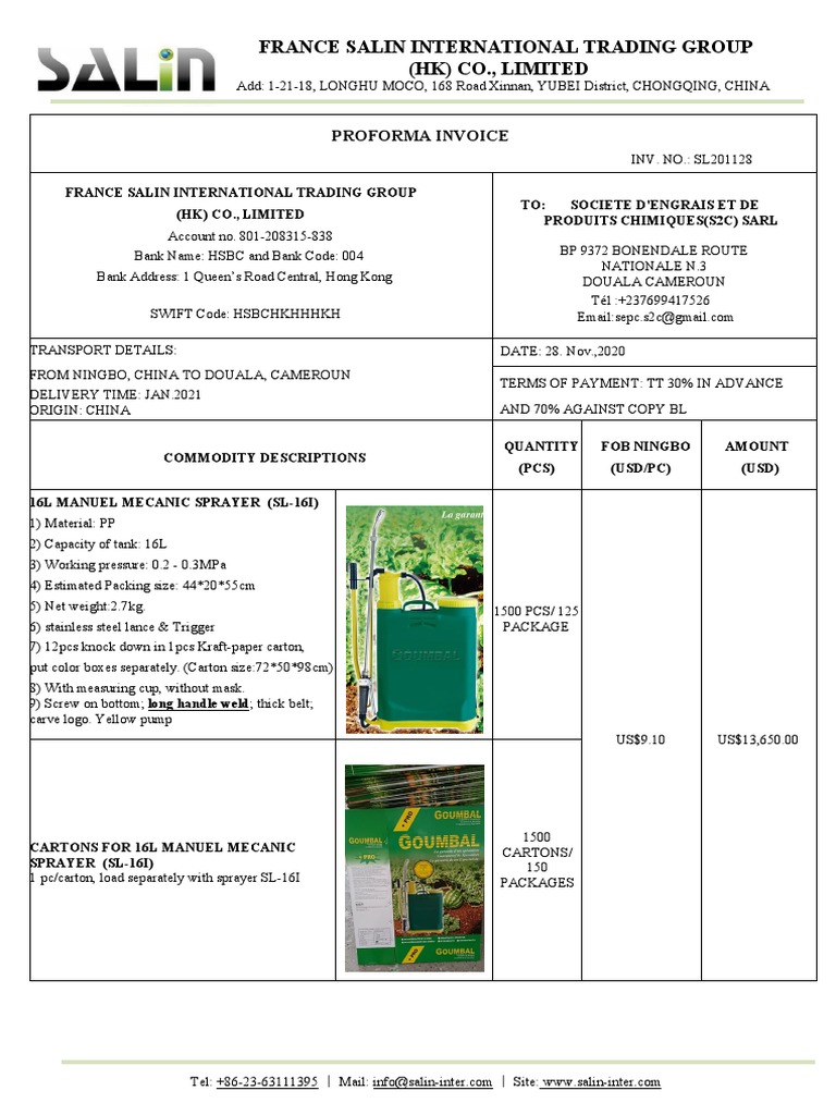 Proforma Invoice for Sprayers Export | PDF